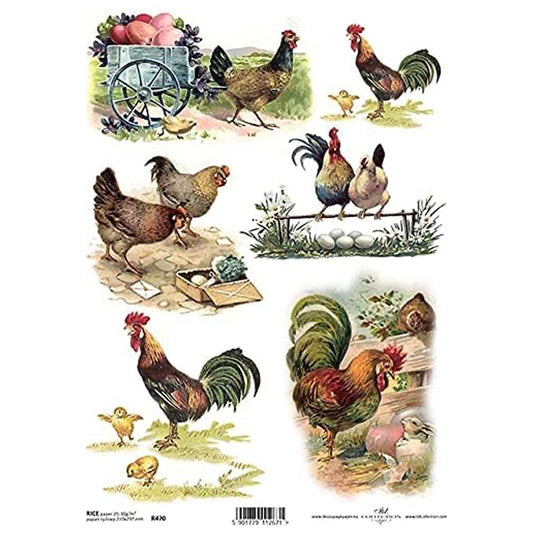 6 Chicken Hens Rooster Scenes Rice Paper Rice Paper A4 ITD Rice Paper for Decoupage