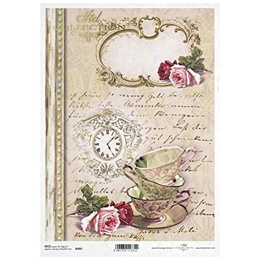 Ruby and Pink Roses with Teacups and Ornate Frames Rice Paper A4 ITD Rice Paper for Decoupage