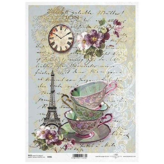 Teacups with Clock and Eiffel Tower Rice Paper A4 ITD Rice Paper for Decoupage
