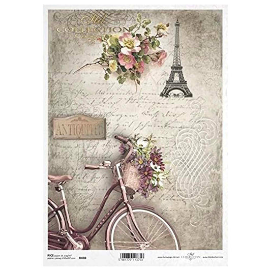 Bicycle with Basket Flowers and Eiffel Tower Rice Paper A4 ITD Rice Paper for Decoupage
