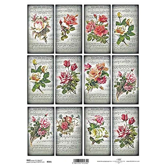 Set of 12 Flowers with Musical Notes Backgrounds Rice Paper A4 ITD Rice Paper for Decoupage