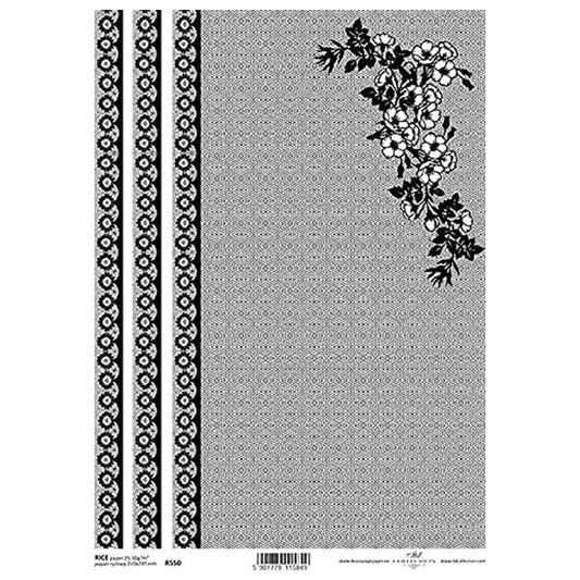 Black and White Lace Design with Flowers Rice Paper A4 ITD Rice Paper for Decoupage
