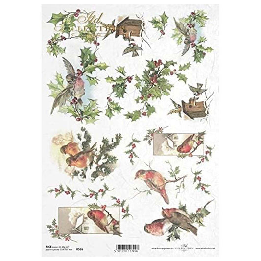 Robins on Holly and Christmas Tree Branches Rice Paper A4 ITD Rice Paper for Decoupage