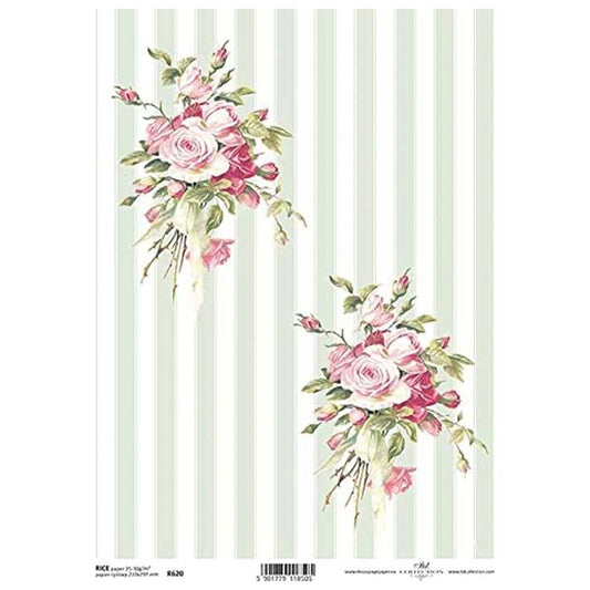Pink and White Roses with Green and White Stripe Background Rice Paper A4 ITD Rice Paper for Decoupage