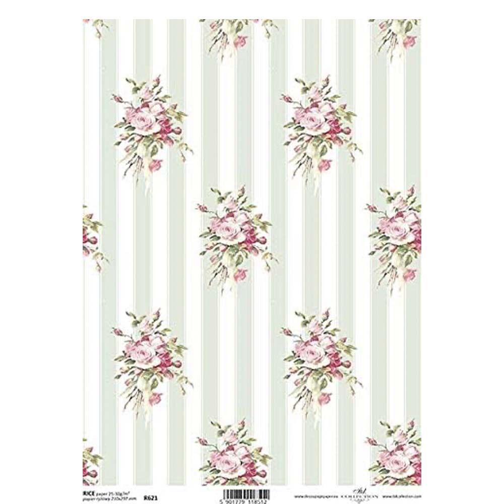 Green Stripe Pink Floral  Rice Paper A4 ITD Rice Paper for Decoupage