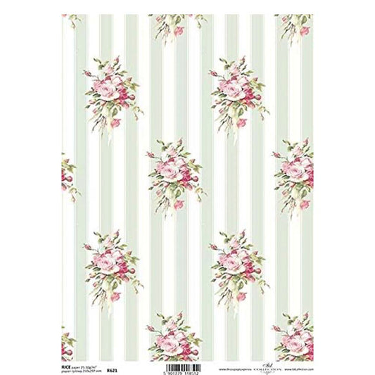 Green Stripe Pink Floral  Rice Paper A4 ITD Rice Paper for Decoupage