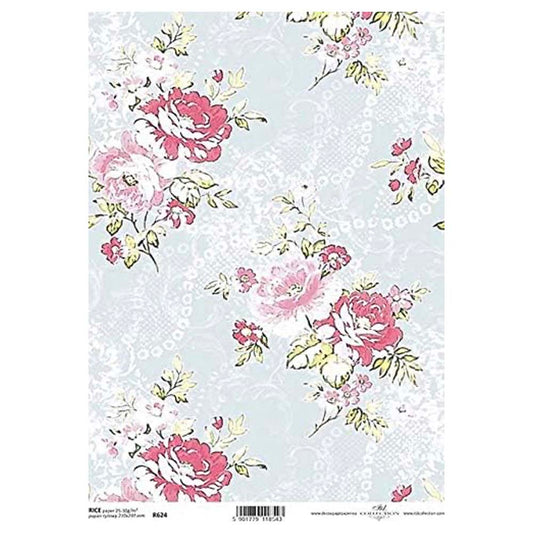 Pink Blue Floral Rice Paper A4 ITD Rice Paper for Decoupage