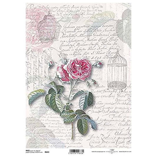 Pink Flower with Text and Cage Inscription Background Flowers Rice Paper A4 ITD Rice Paper for Decoupage