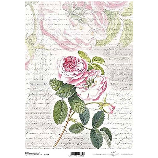 Pink Roses with Text and Floral Inscriptions Rice Paper A4 ITD Rice Paper for Decoupage