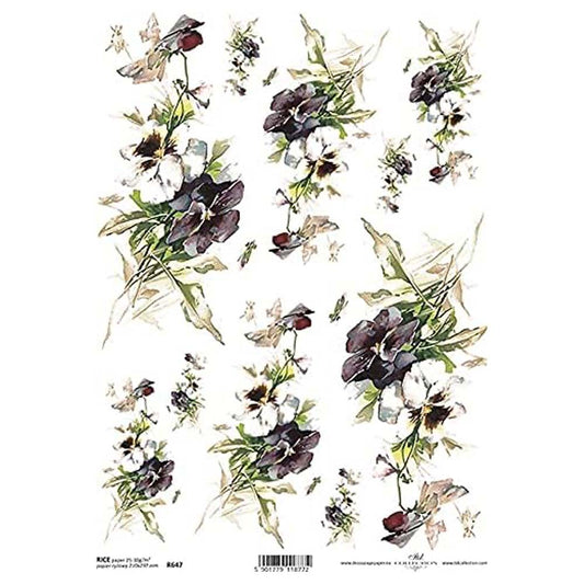 Dark Purple and White Flowers Rice Paper A4 ITD Rice Paper for Decoupage