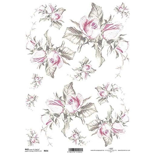 Palest Pink Roses Floral Rice Paper A4 ITD Rice Paper for Decoupage