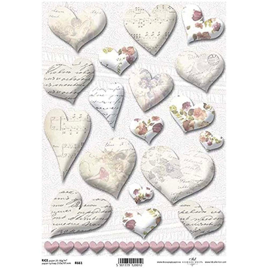 White Hearts with Floral, Written, Music and Image Inscriptions Rice Paper A4 ITD Rice Paper for Decoupage
