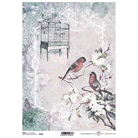 Two Birds with White Flowers and Cage with Lavender Background Rice Paper A4 ITD Rice Paper for Decoupage