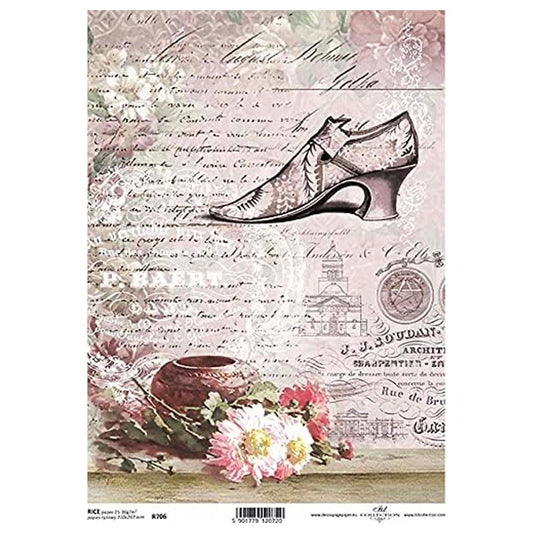 Flowers and Shoes with Pink Inscription Background Rice Paper A4 ITD Rice Paper for Decoupage