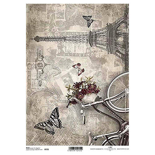 Bicycle with Eiffel Tower and Butterflies Rice Paper A4 ITD Rice Paper for Decoupage