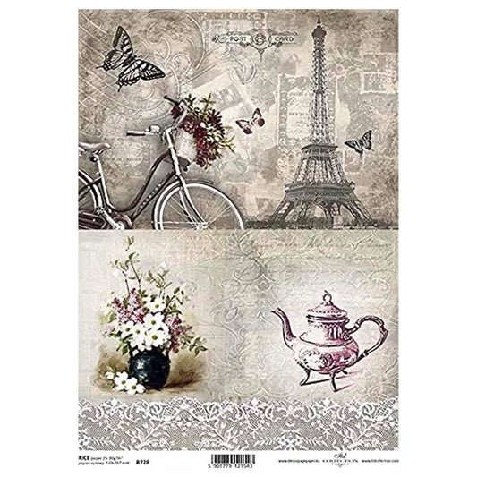 Bike, Butterfly and Eiffel Tower + Tea and Flower Pot Rice Paper A4 ITD Rice Paper for Decoupage