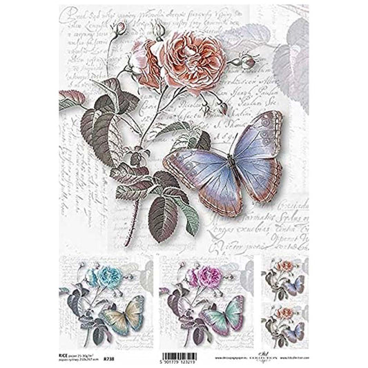 Coloured Flowers with Butterfly with in Inscription Background Rice Paper A4 ITD Rice Paper for Decoupage