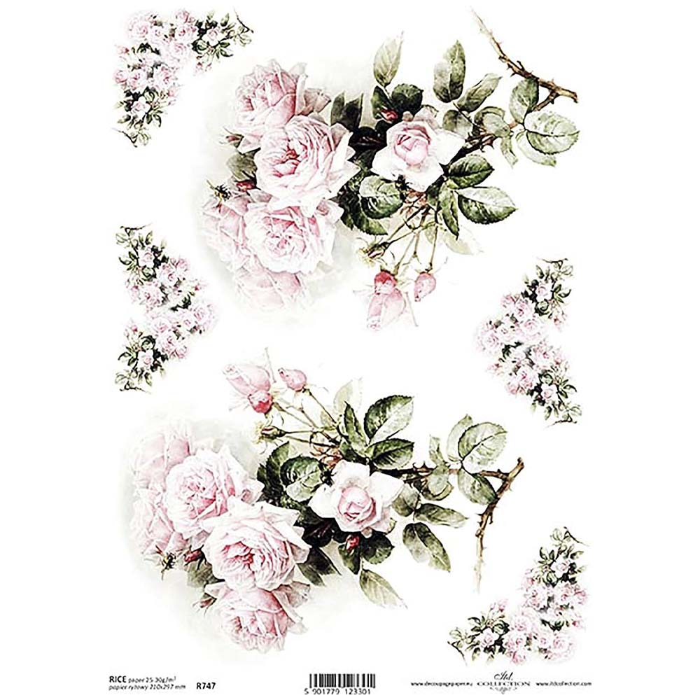 Pale Pink Roses Rice Paper A4 ITD Rice Paper for Decoupage