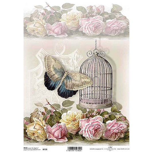 Butterfly Birdcage Rice Paper A4 ITD Rice Paper for Decoupage
