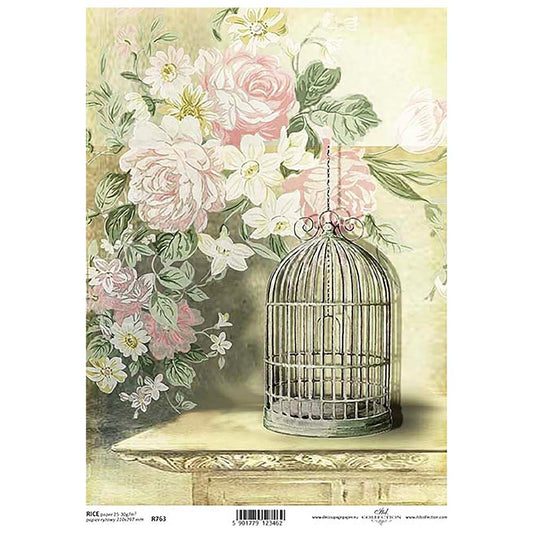 Rose Birdcage Rice Paper A4 ITD Rice Paper for Decoupage