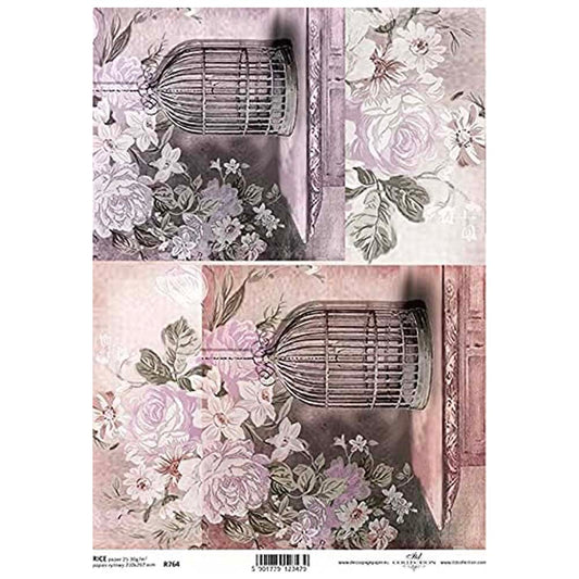 Two Bird Cages with Pink Flowers and Different Backgrounds Rice Paper A4 ITD Rice Paper for Decoupage
