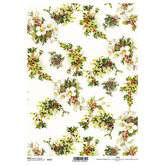 Christmas Holly Rice Paper A4 ITD Rice Paper for Decoupage