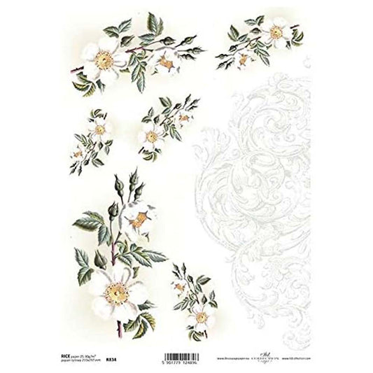White Flowers and Pattern Rice Paper A4 ITD Rice Paper for Decoupage