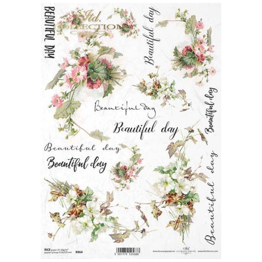 Flowers with Beautiful Day Text Rice Paper A4 ITD Rice Paper for Decoupage