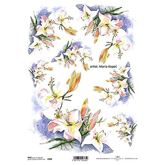 White/Light Pink Lilies Rice Paper A4 ITD Rice Paper for Decoupage