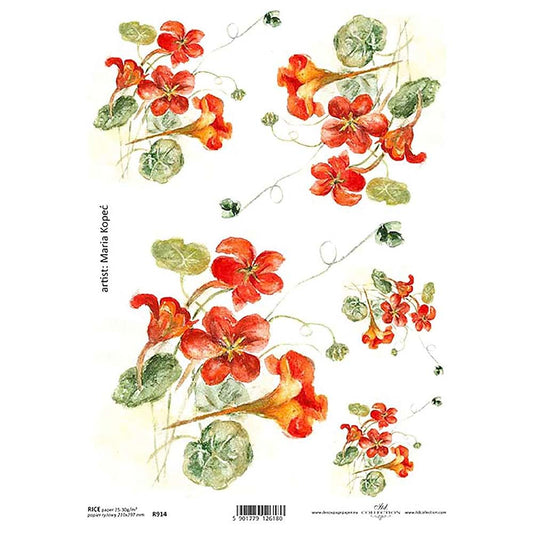 Red  Orange Floral Nasturtium Rice Paper A4 ITD Rice Paper for Decoupage