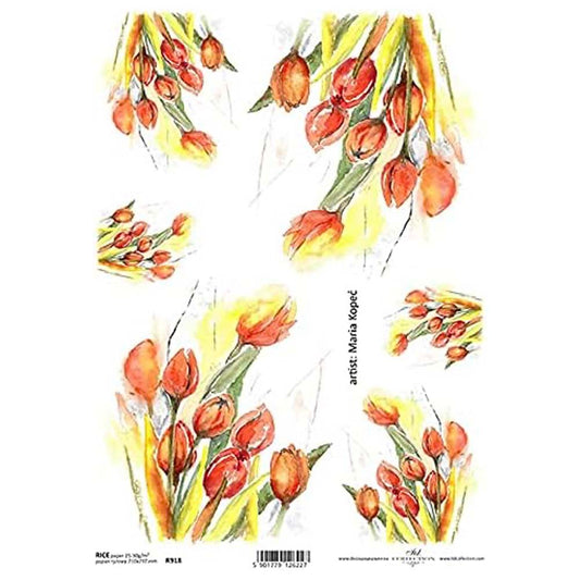 Red Flowers with Green and Yellow Stalks Rice Paper A4 ITD Rice Paper for Decoupage