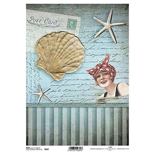Vintage Woman with Seashells and Post/Text Inscriptions Rice Paper A4 ITD Rice Paper for Decoupage