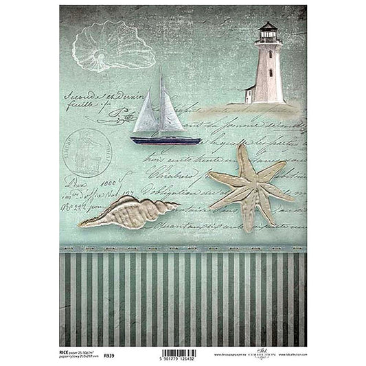 Lighthouse with Boat and Seashell Rice Paper A4 ITD Rice Paper for Decoupage