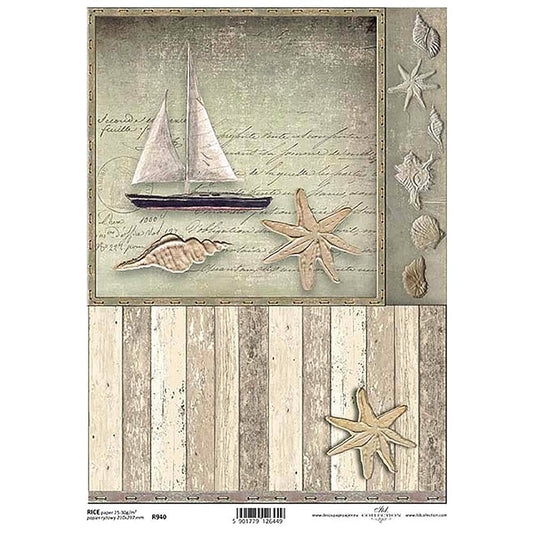 Shell Seaside Boat Cream Rice Paper A4 ITD Rice Paper for Decoupage