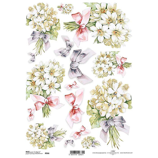 White Flowers and Ribbons Rice Paper A4 ITD Rice Paper for Decoupage