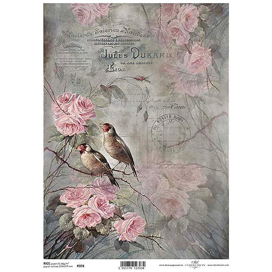 Birds Pink Roses Rice Paper A4 ITD Rice Paper for Decoupage