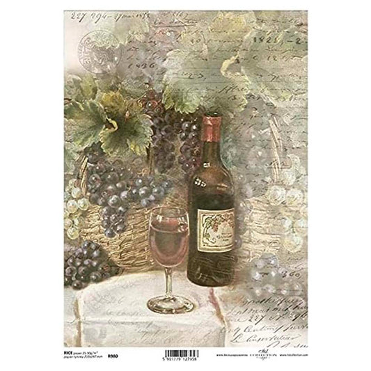 Bottle and Glass of Wine with Red Grapes and Text Inscription Rice Paper A4 ITD Rice Paper for Decoupage