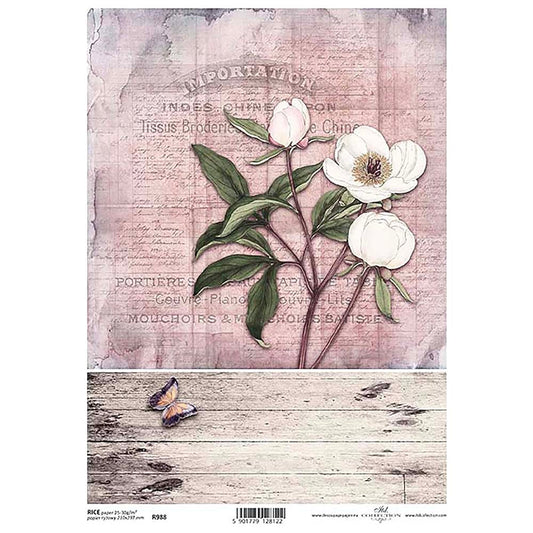 Pinks White Floral Rice Paper A4 ITD Rice Paper for Decoupage