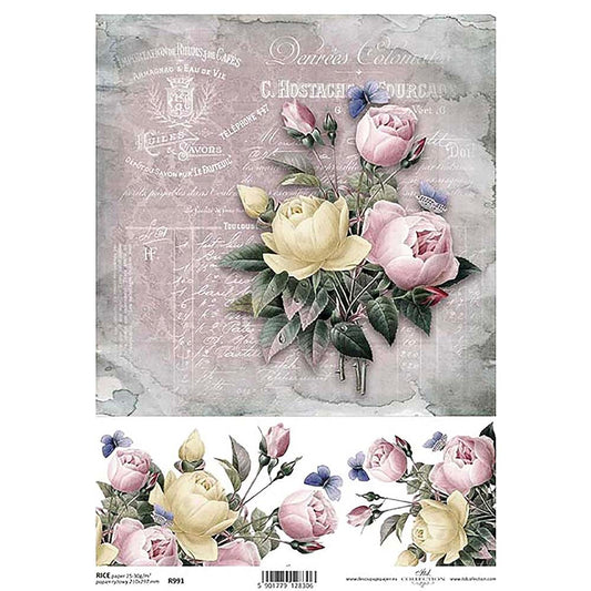 Pink and Yellow Roses Rice Paper A4 ITD Rice Paper for Decoupage