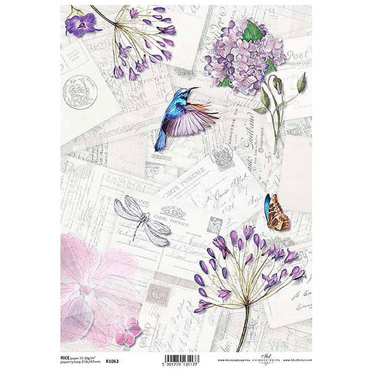 Hummingbird Flowers Dragonfly Rice Paper A4 ITD Rice Paper for Decoupage