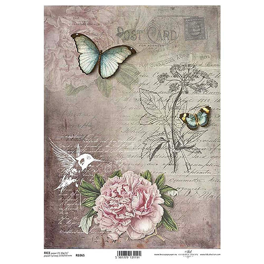 Pink Butterflies Hummingbird Flowers Rice Paper A4 ITD Rice Paper for Decoupage