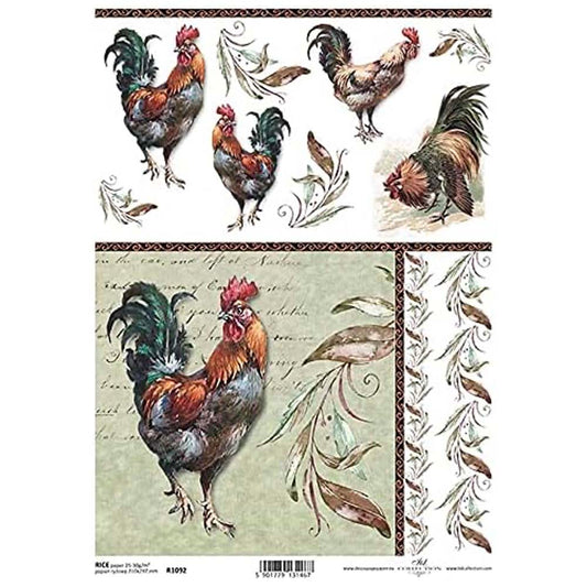 Roosters with Leaves and Text Inscriptions Rice Paper A4 ITD Rice Paper for Decoupage