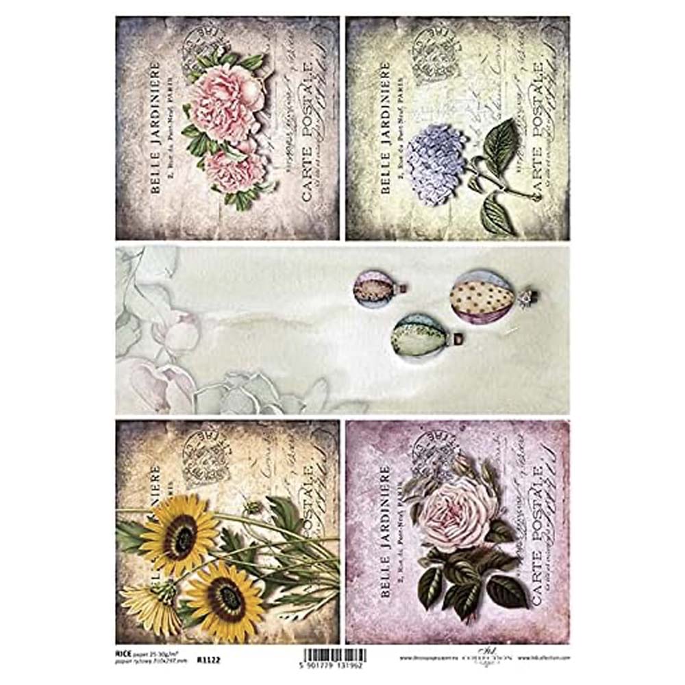Different Flowers with Hot Air Balloons Rice Paper A4 ITD Rice Paper for Decoupage