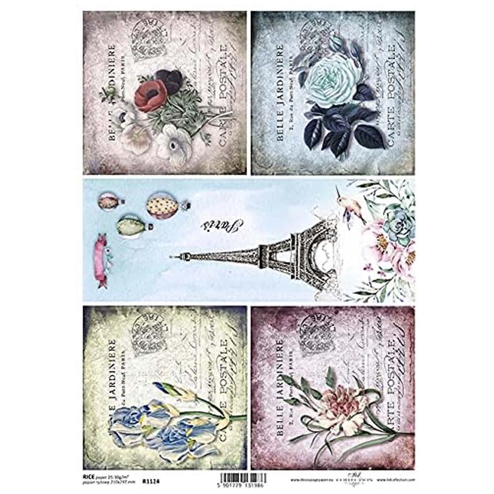 Different Flowers with Eiffel Tower Rice Paper A4 ITD Rice Paper for Decoupage