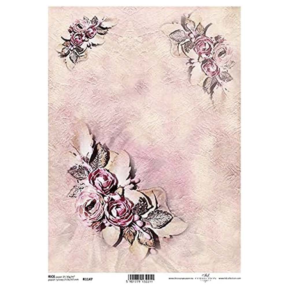 Pink Flowers with Pastel Textured Background Rice Paper A4 ITD Rice Paper for Decoupage