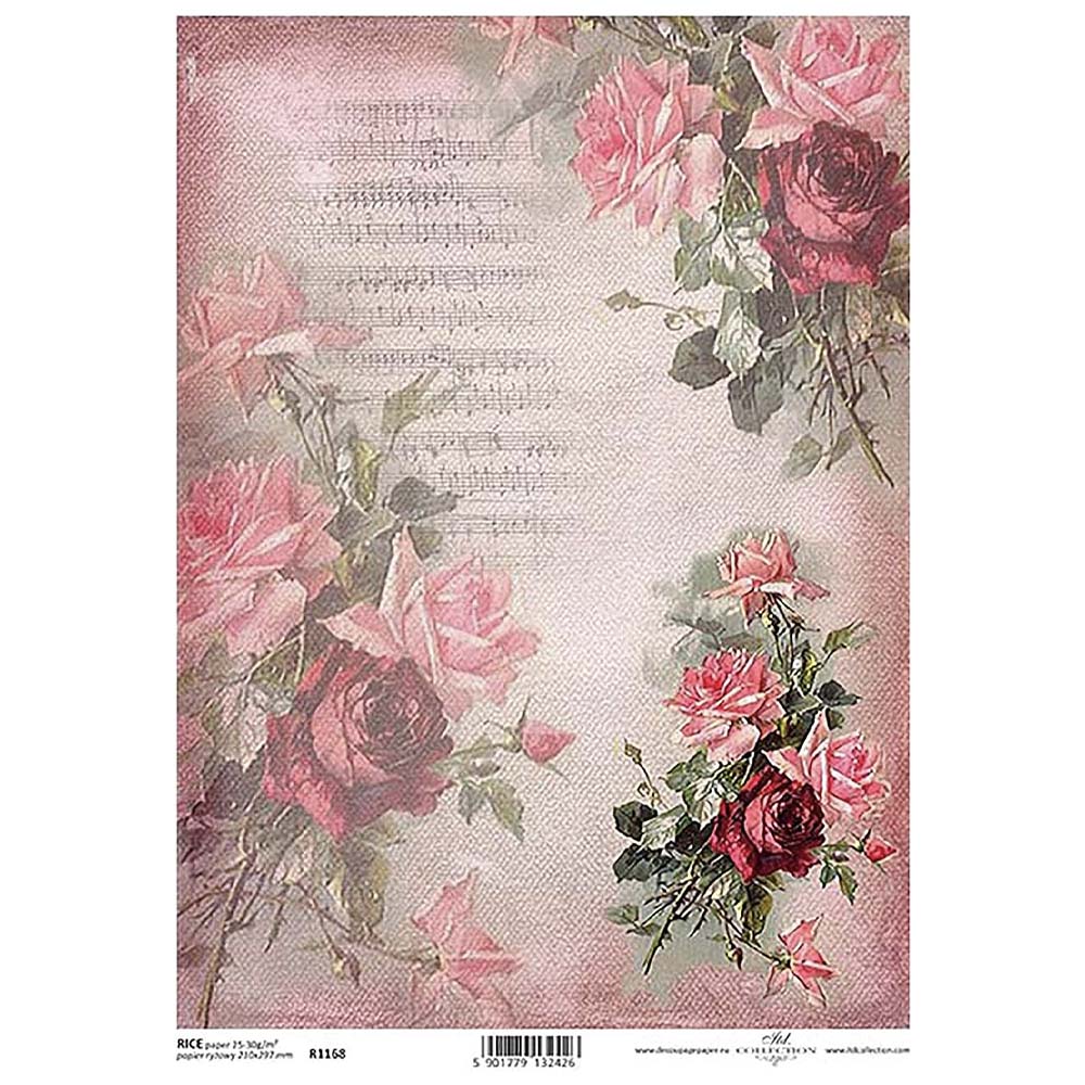 Pink Music Notes Roses Floral Rice Paper A4 ITD Rice Paper for Decoupage