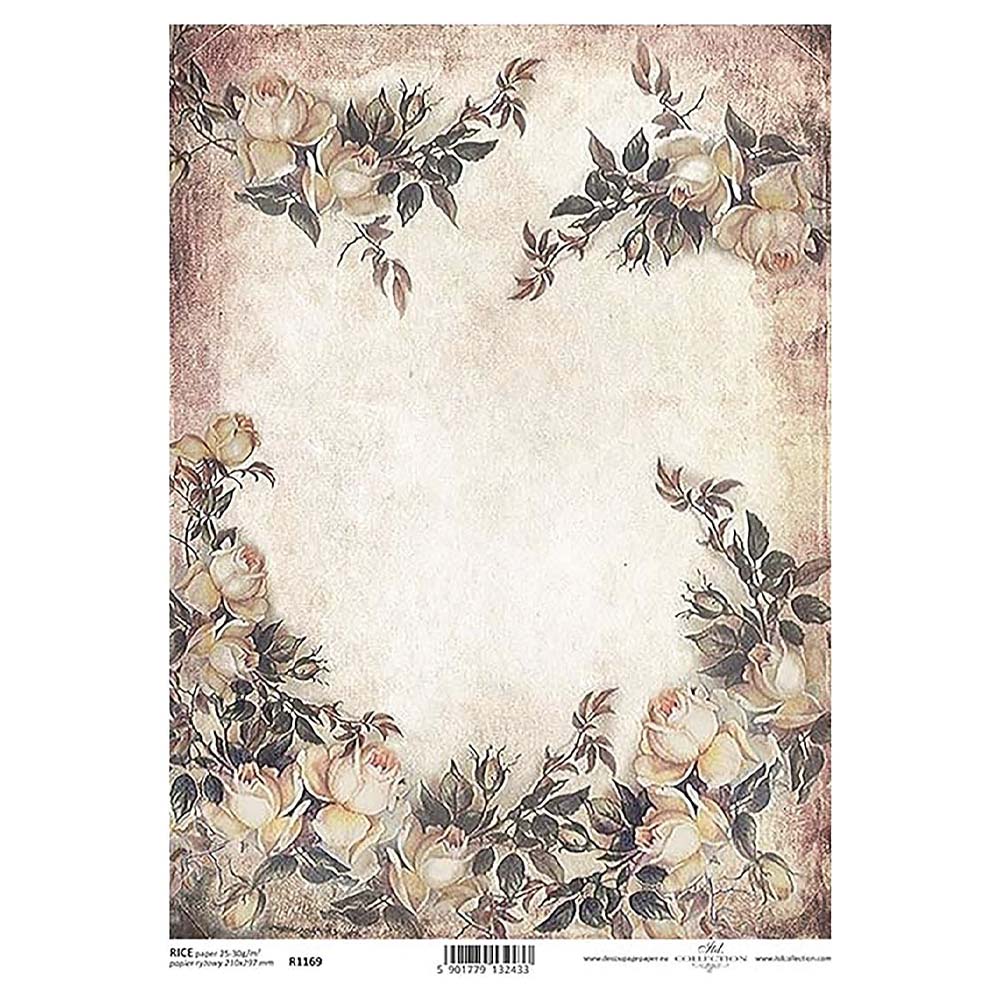 Cream Floral Roses Floral Rice Paper A4 ITD Rice Paper for Decoupage