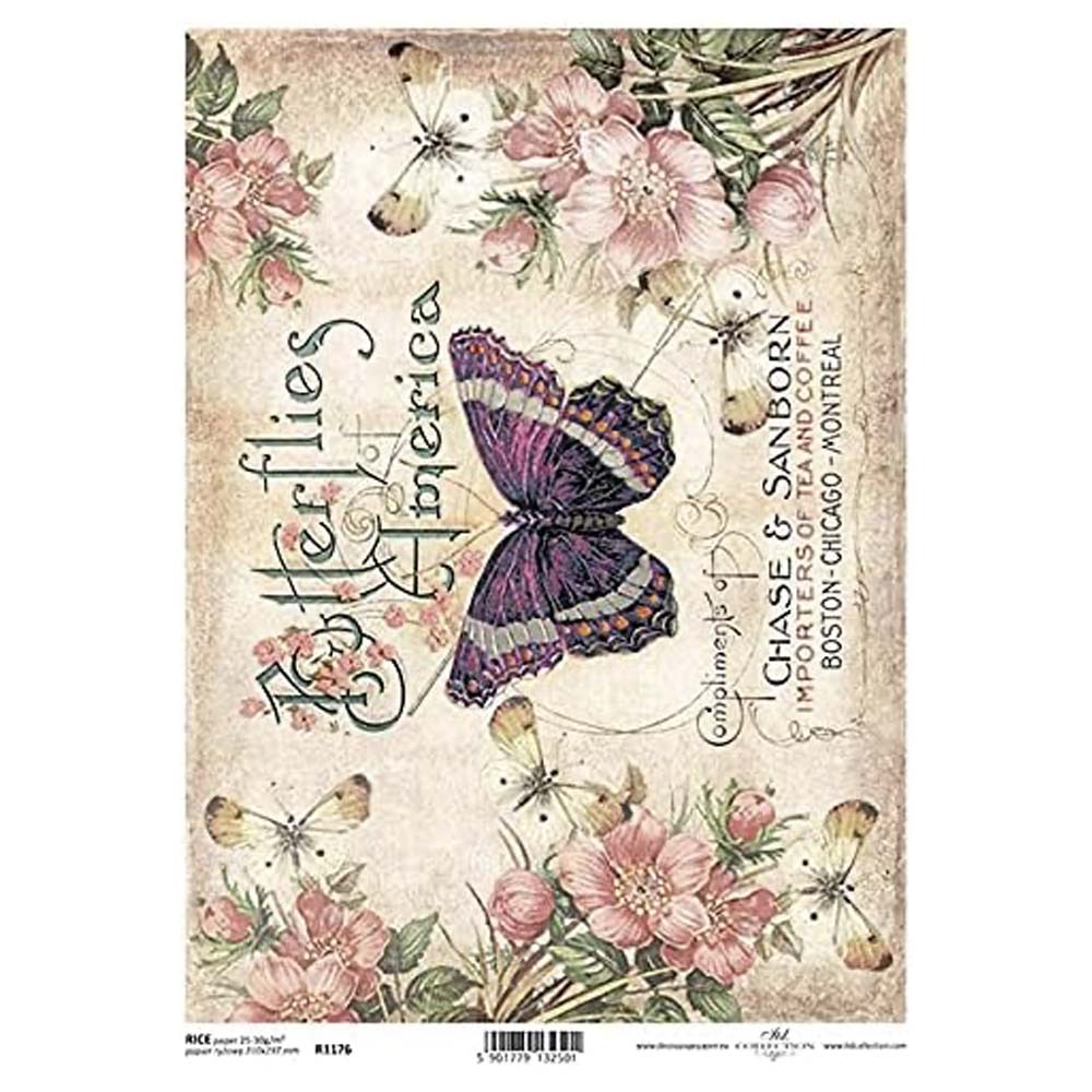 Purple Butterfly with Pink Flowers Butterflies America Text Rice Paper A4 ITD Rice Paper for Decoupage