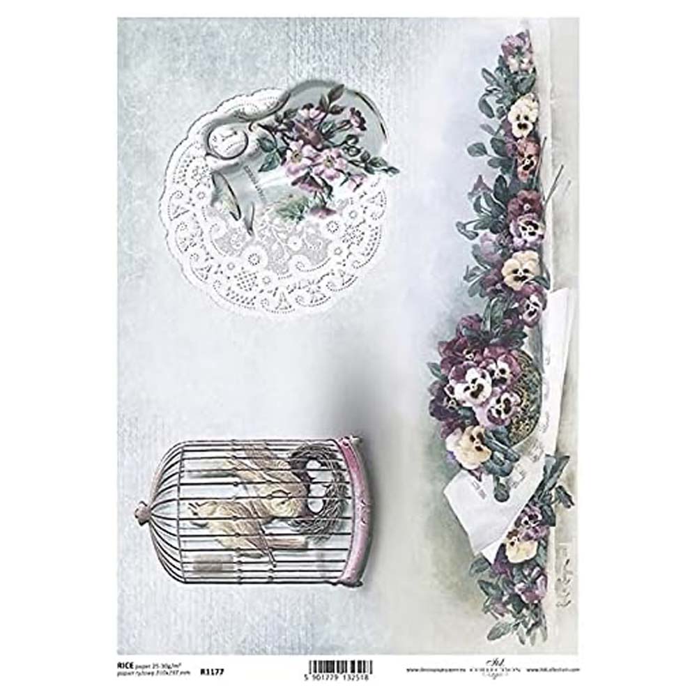 Bird cage with Jug and Purple Flowers Rice Paper A4 ITD Rice Paper for Decoupage