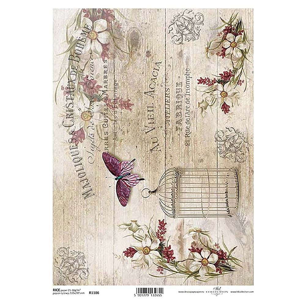 Pink Butterflies Birdcage and Flowers Rice Paper A4 ITD Rice Paper for Decoupage